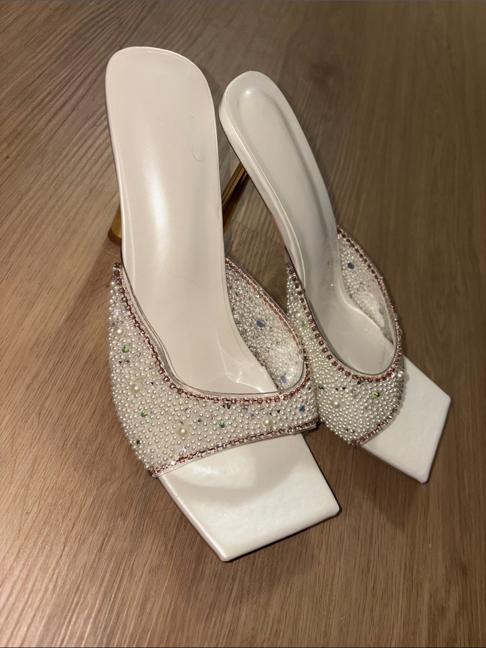 Pearl-Embellished White Slide Heels
